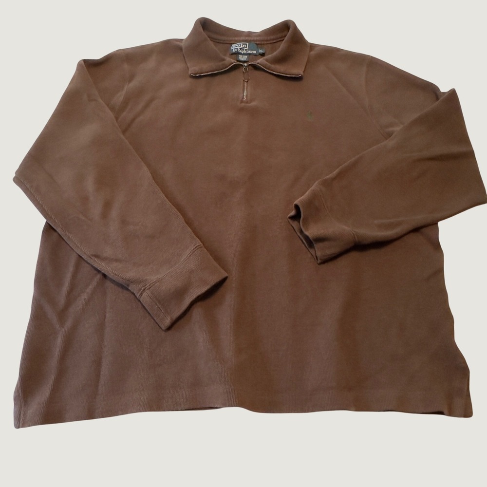 Polo Ralph Lauren Quarter Zip Brown Ribbed Cotton Pullover XL Vintage Pony Logo